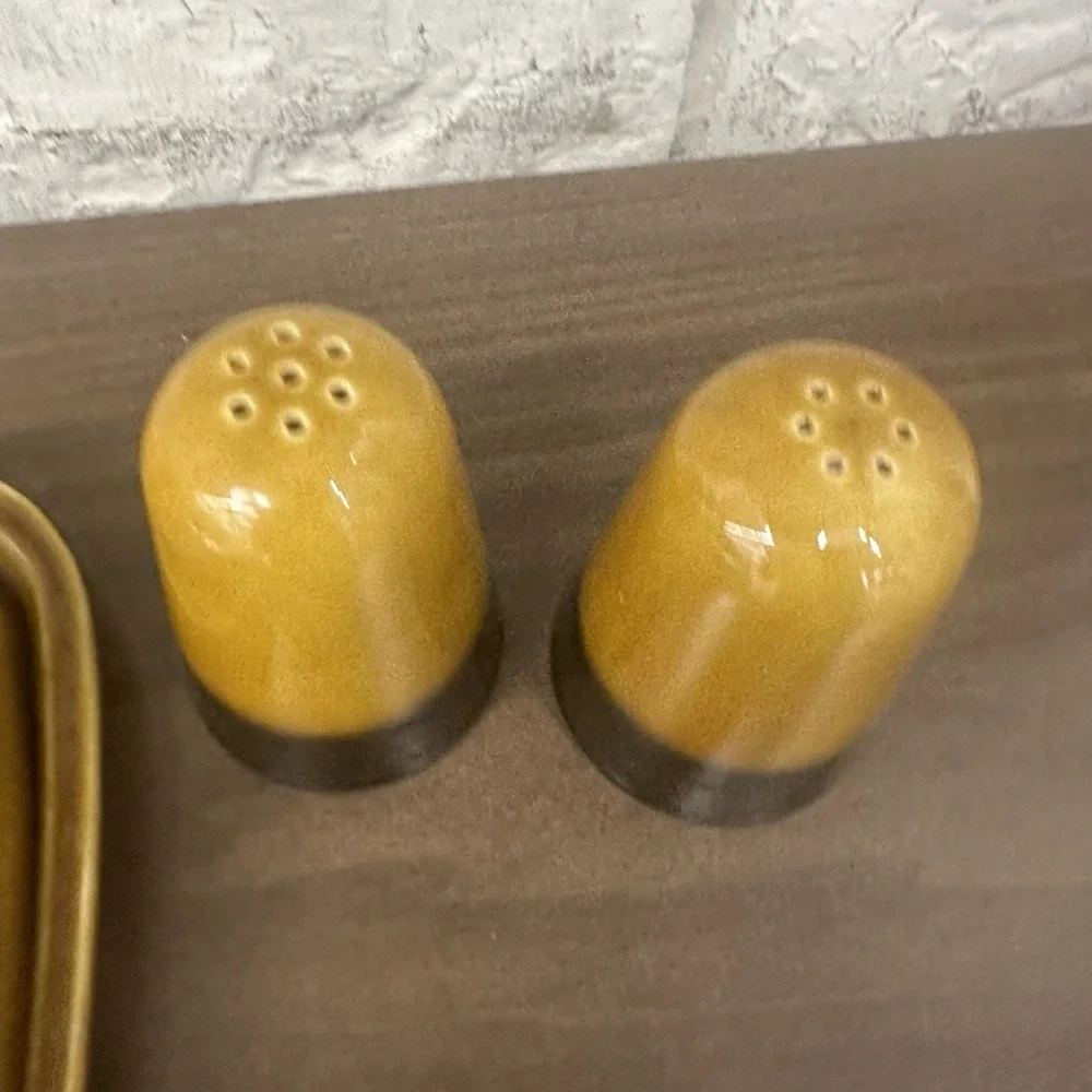 Set Vintage Ceramic Butter Dish & Salt / Pepper MCM Retro 70s Gold Brown Glazed